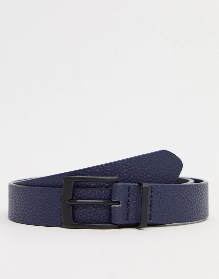 ASOS DESIGN slim belt in navy faux leather with matte black buckle  Navy