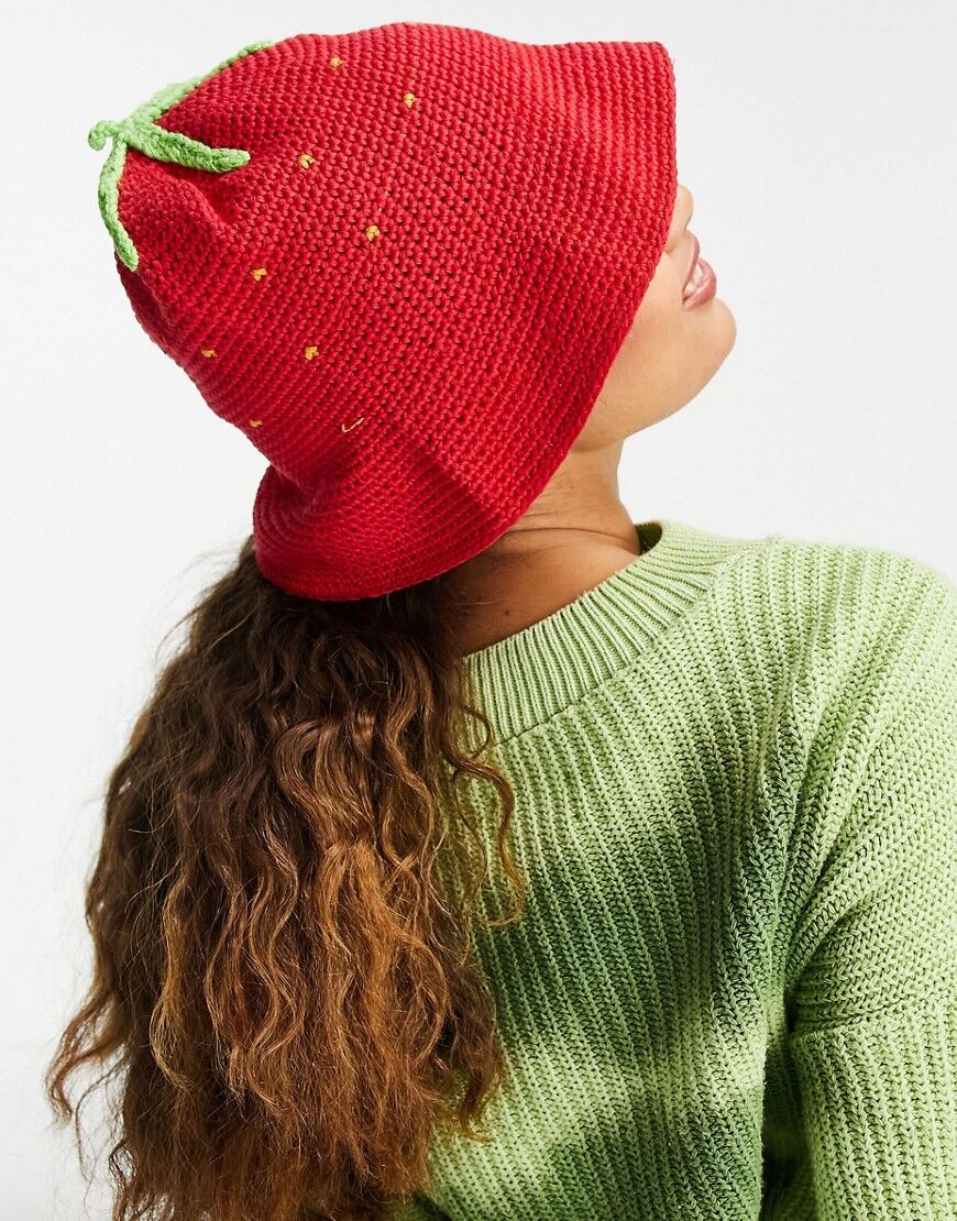 ASOS DESIGN strawberry crochet knit bucket hat in red  Red