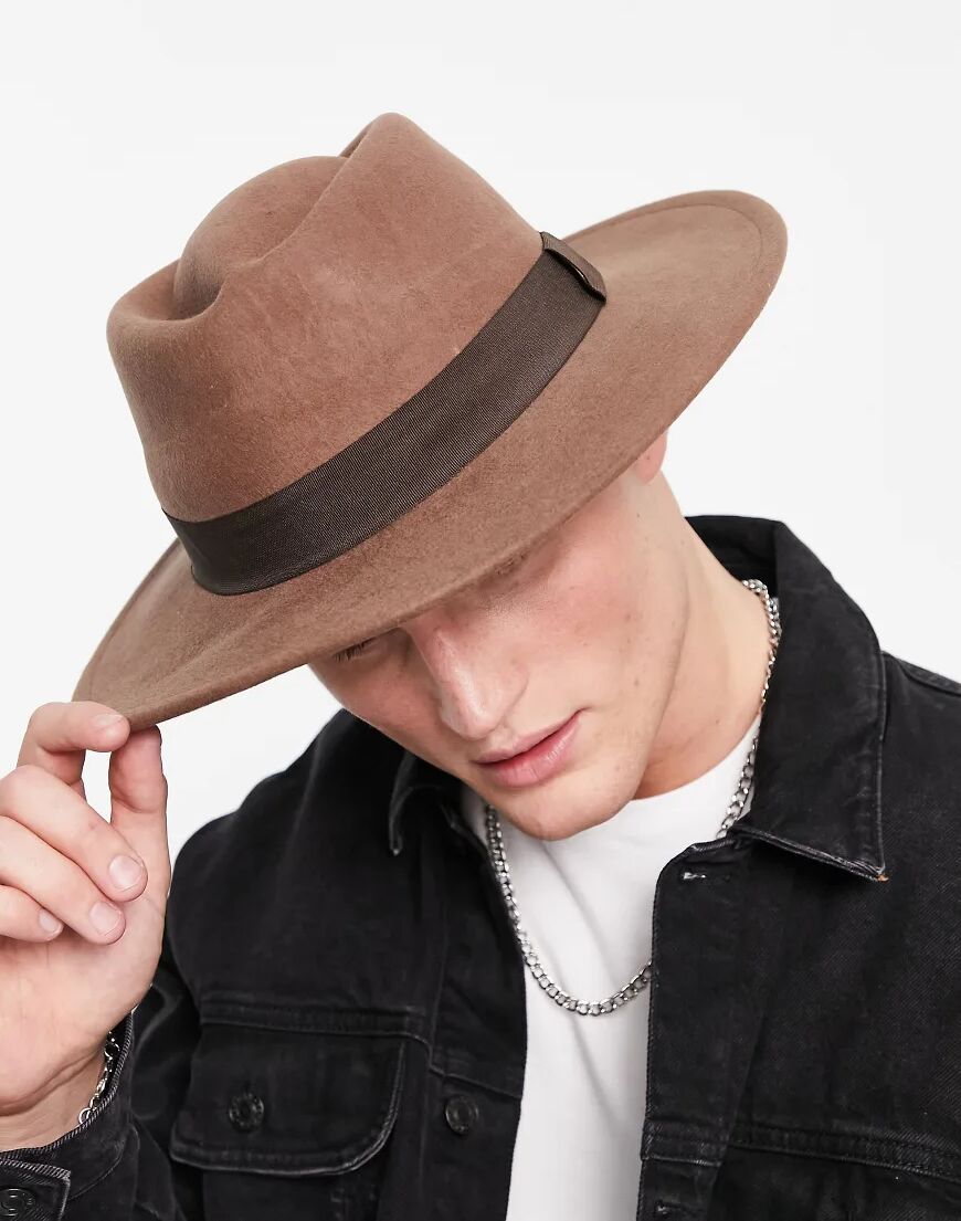 ASOS DESIGN wide brim pork pie hat in camel with band and size adjuster-Brown  Brown