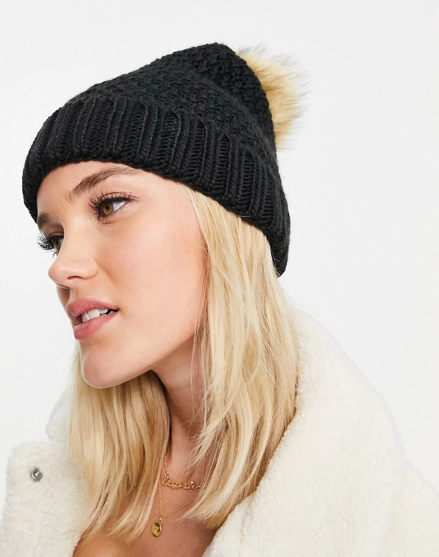 Boardmans cable knitted faux fur pom beanie in black  Black