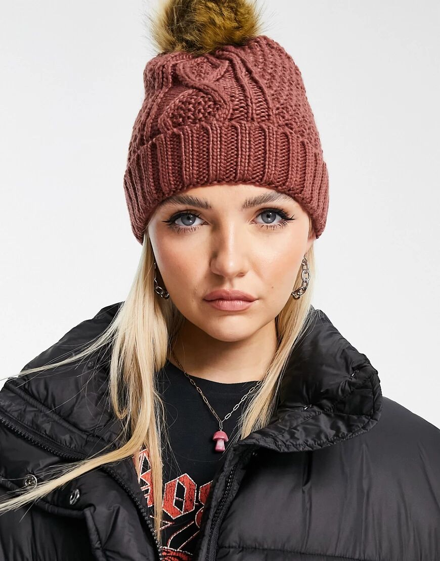 Boardmans cable knitted faux fur pom beanie in rust-Orange  Orange