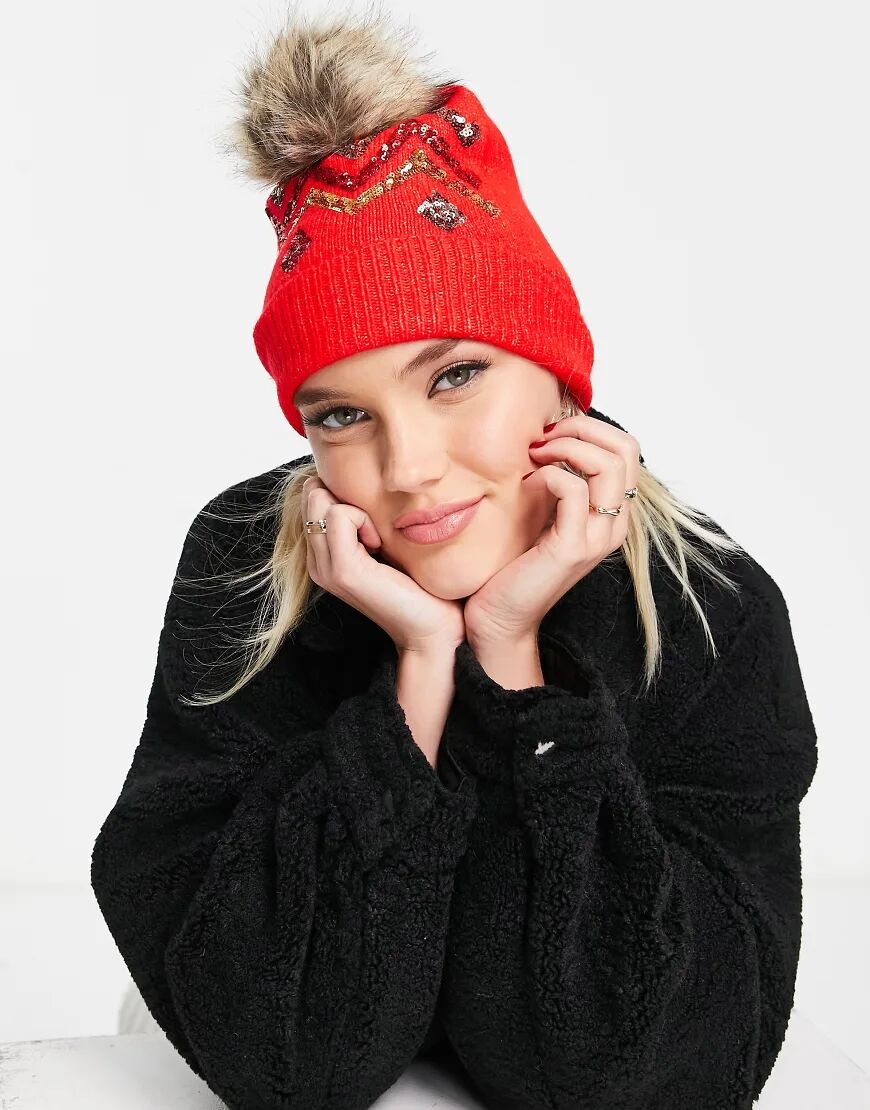 Boardmans christmas faux fur pom with sequin detail beanie in red  Red