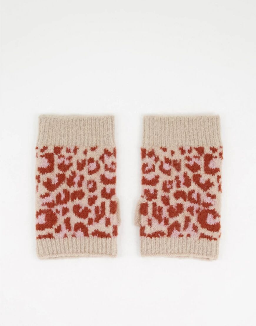 Boardmans knitted leopard print gloves in rust-Orange  Orange