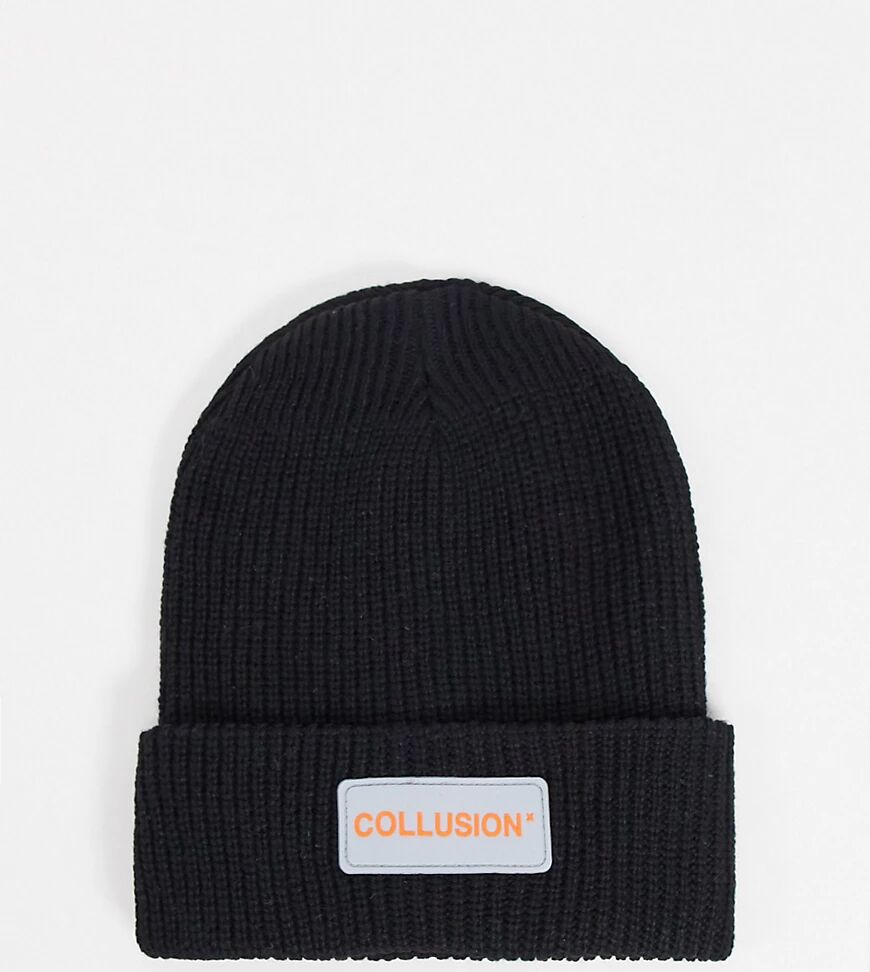 COLLUSION Unisex beanie with logo patch in black  Black