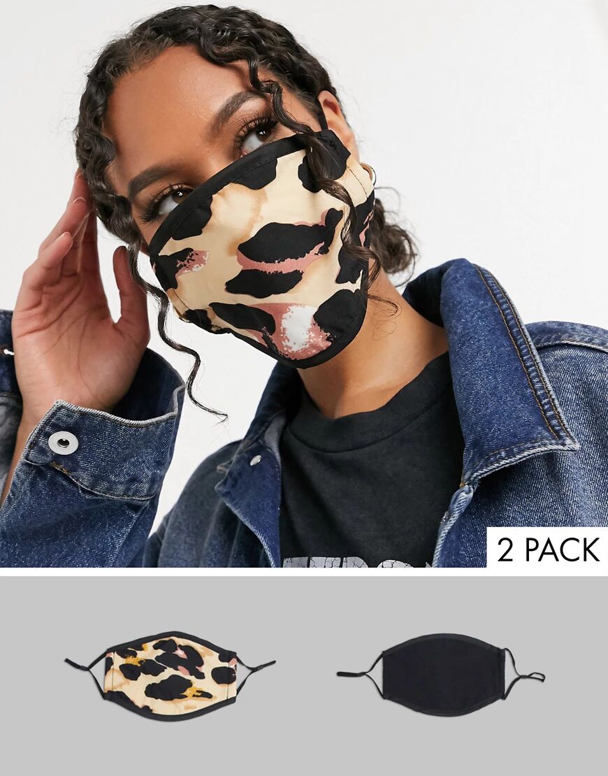 DesignB London 2 pack face covering with adjustable straps in black and abstract leopard print-Multi  Multi