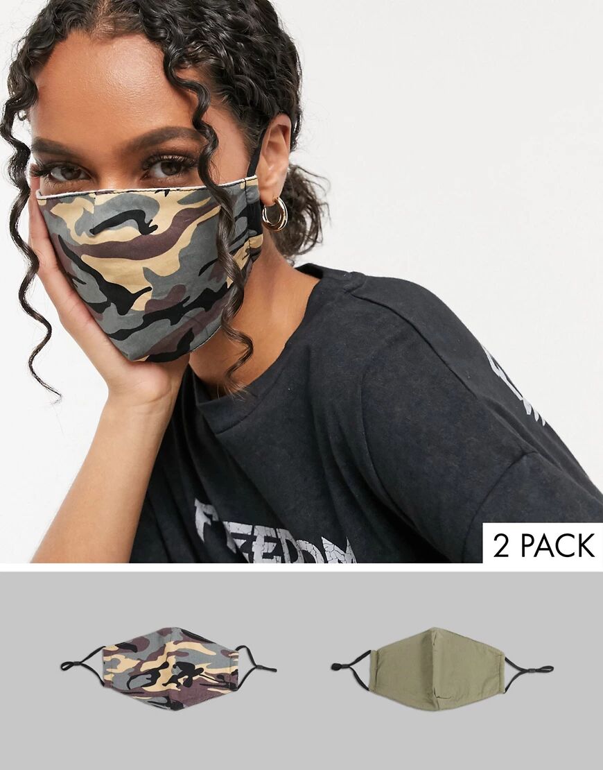 DesignB London 2 pack face covering with adjustable straps in camo and khaki-Multi  Multi