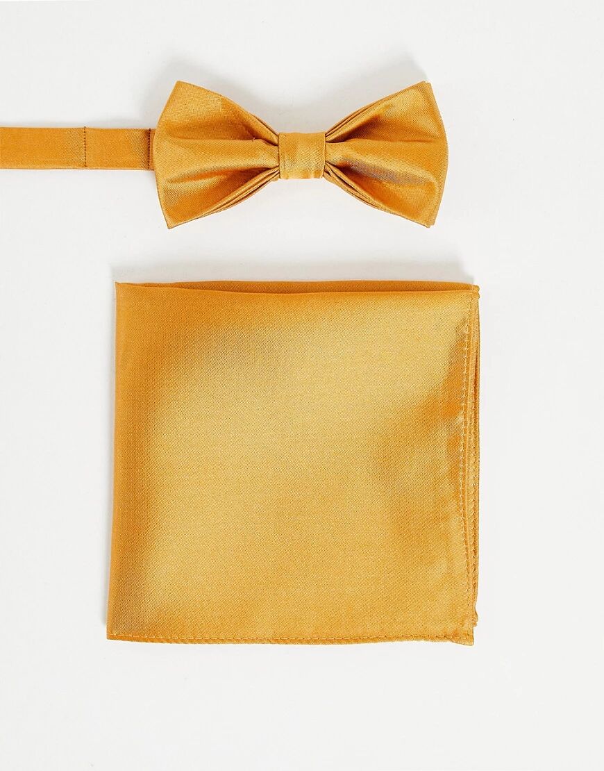 Devils Advocate wedding plain satin bow tie and pocket square-Gold  Gold