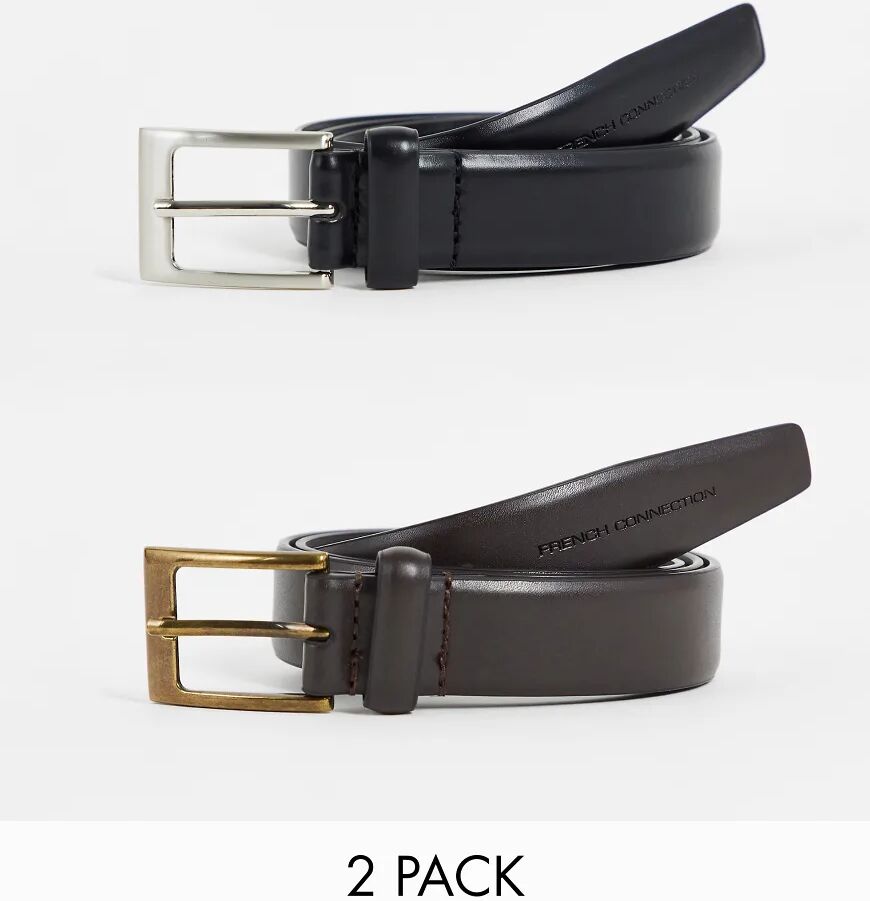 French Connection 2 pack prong buckle belt in black & brown  Black