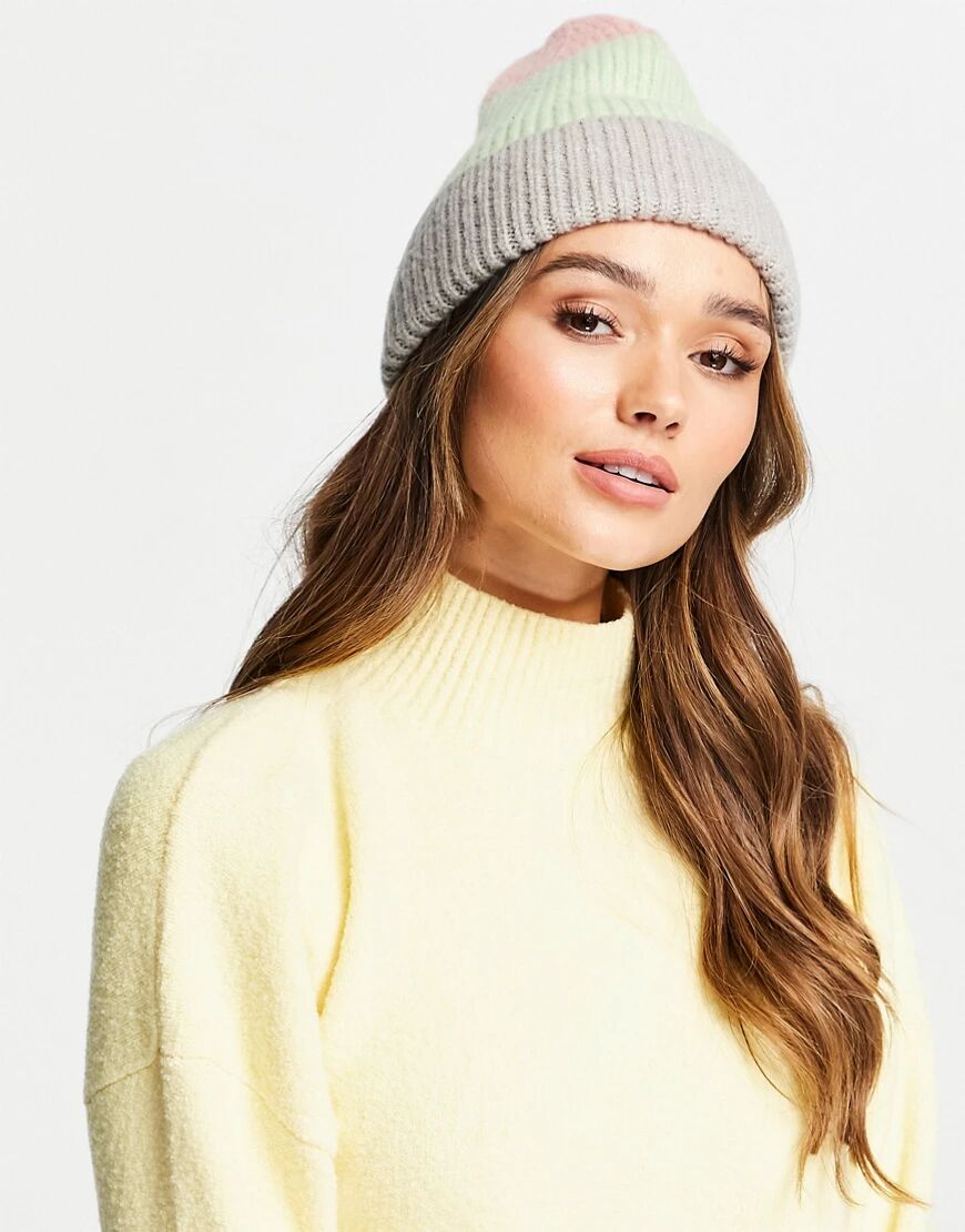 French Connection ribbed colour block beanie in green  Green