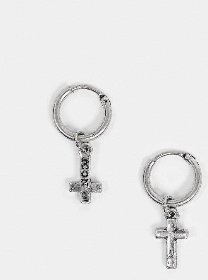 Icon Brand hoop earrings with cross charms in silver  Silver