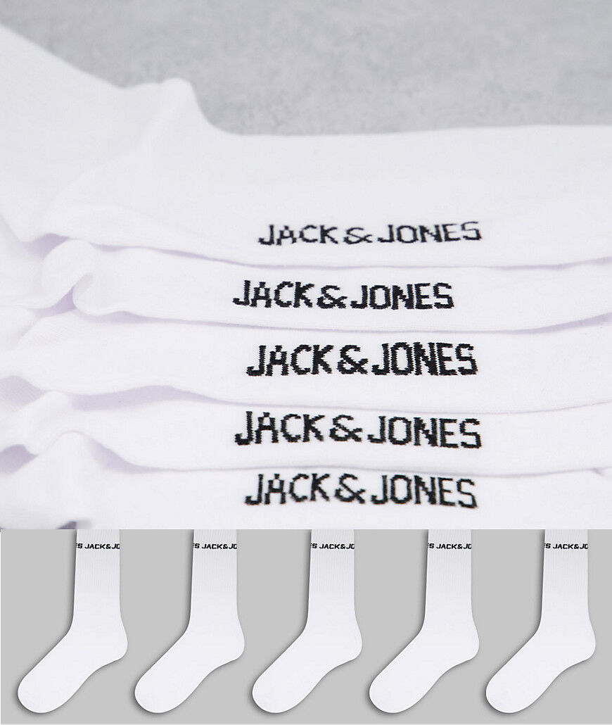 Jack & Jones 5 pack logo sports socks in white  White