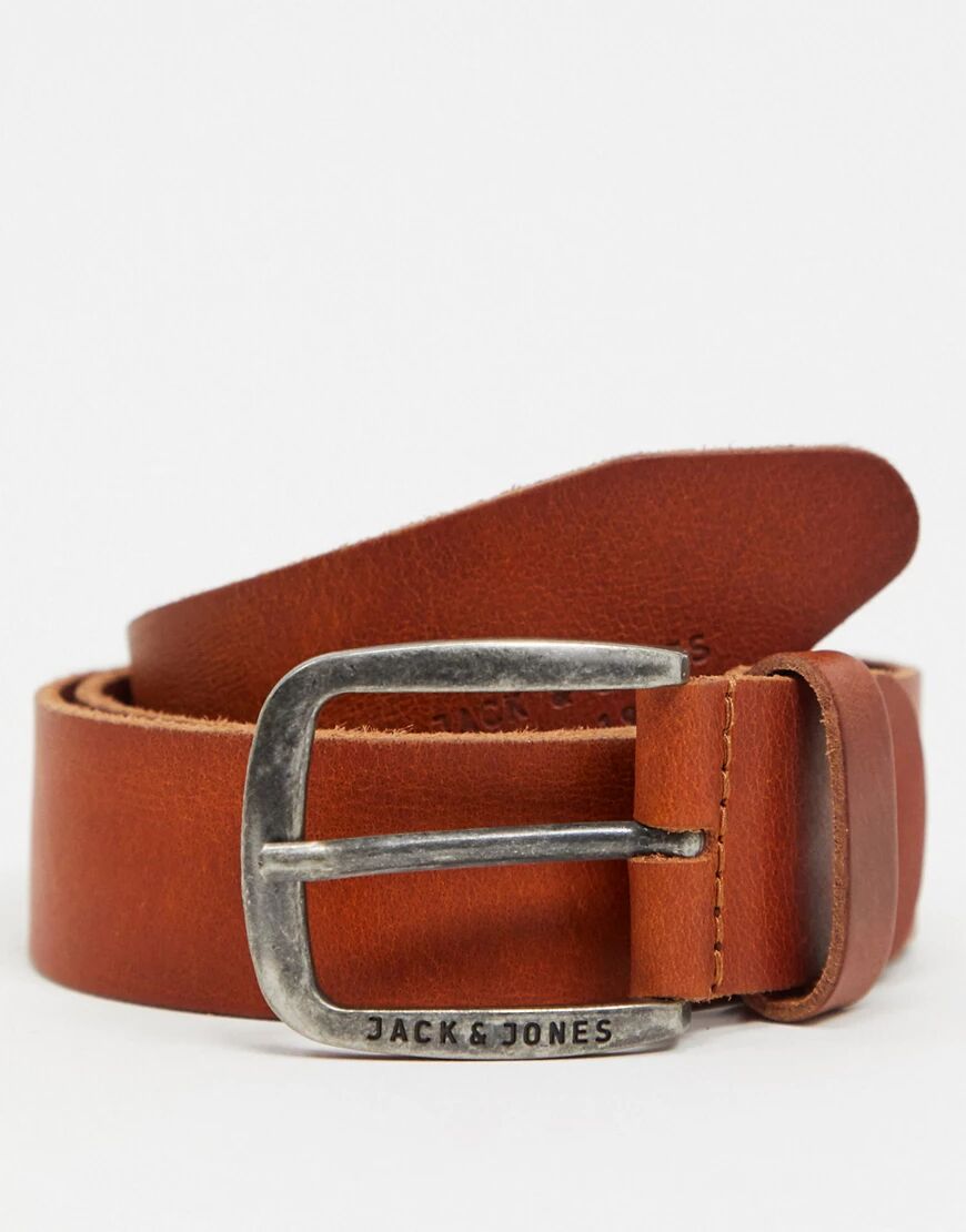 Jack & Jones smooth leather belt with logo buckle in brown  Brown