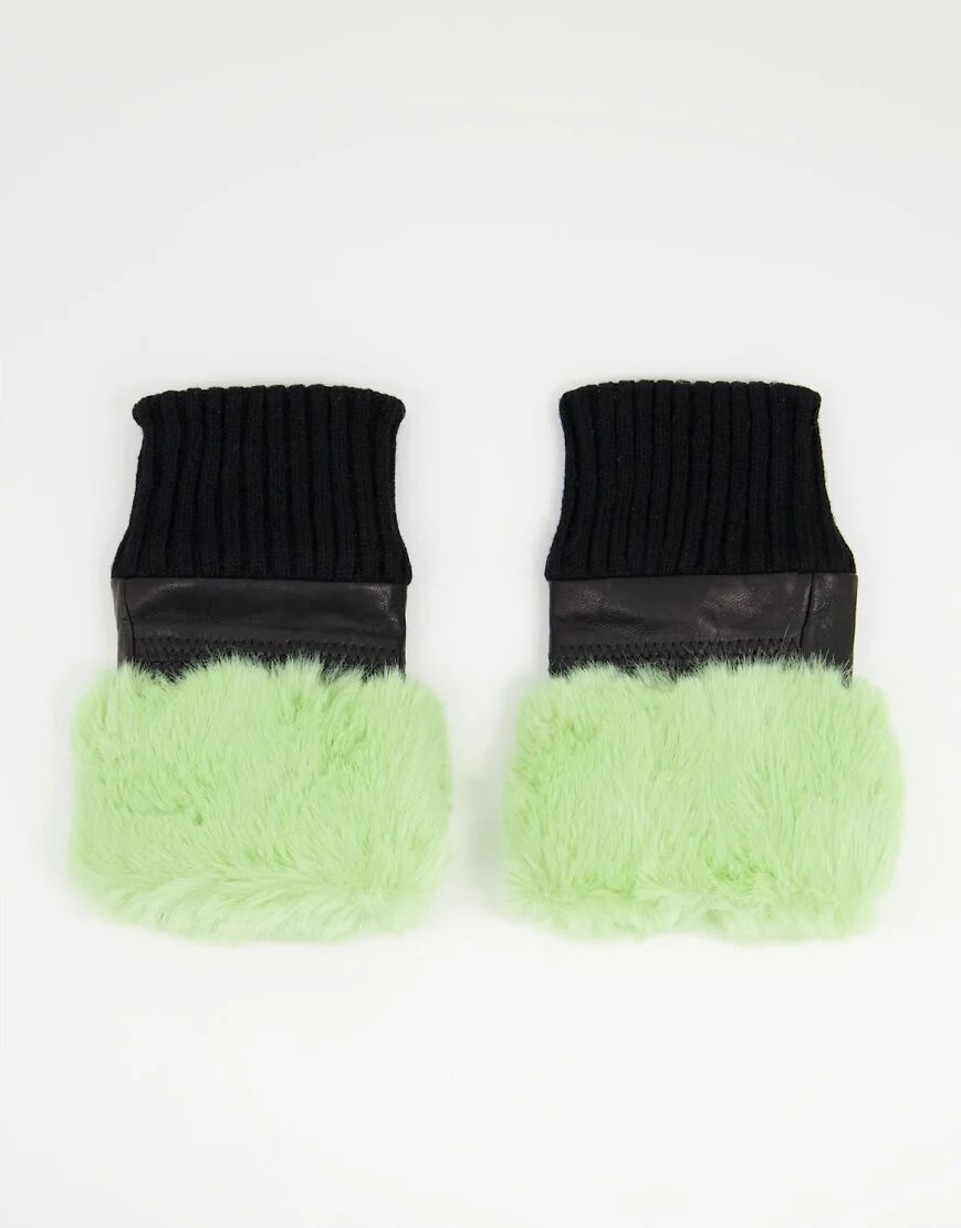 Jayley faux fur trim fingerless leather gloves in green  Green