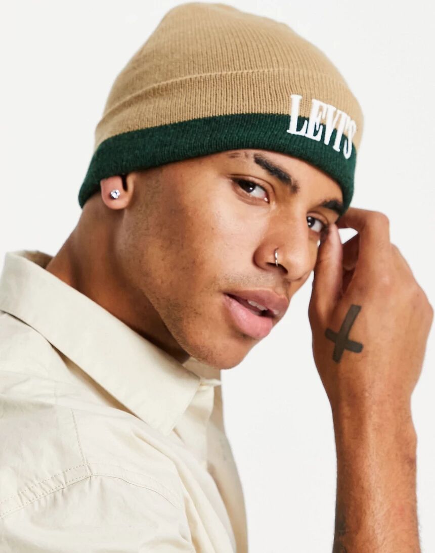 Levis Levi's colour block serif logo beanie in sand-Brown  Brown