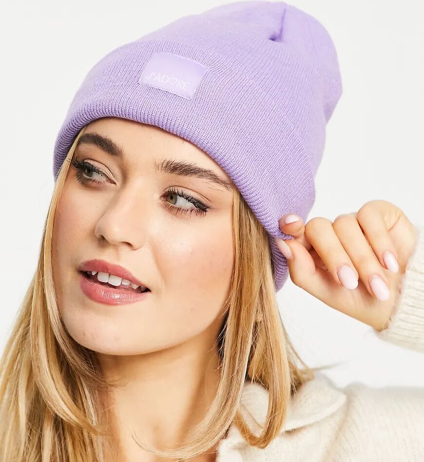 My Accessories London Exclusive basic beanie with j'adore badge in lilac-Purple  Purple