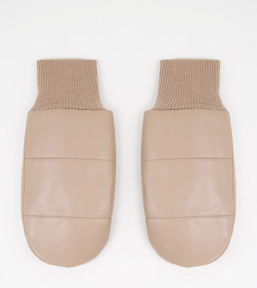 My Accessories London Exclusive leather look padded mittens in beige-Neutral  Neutral