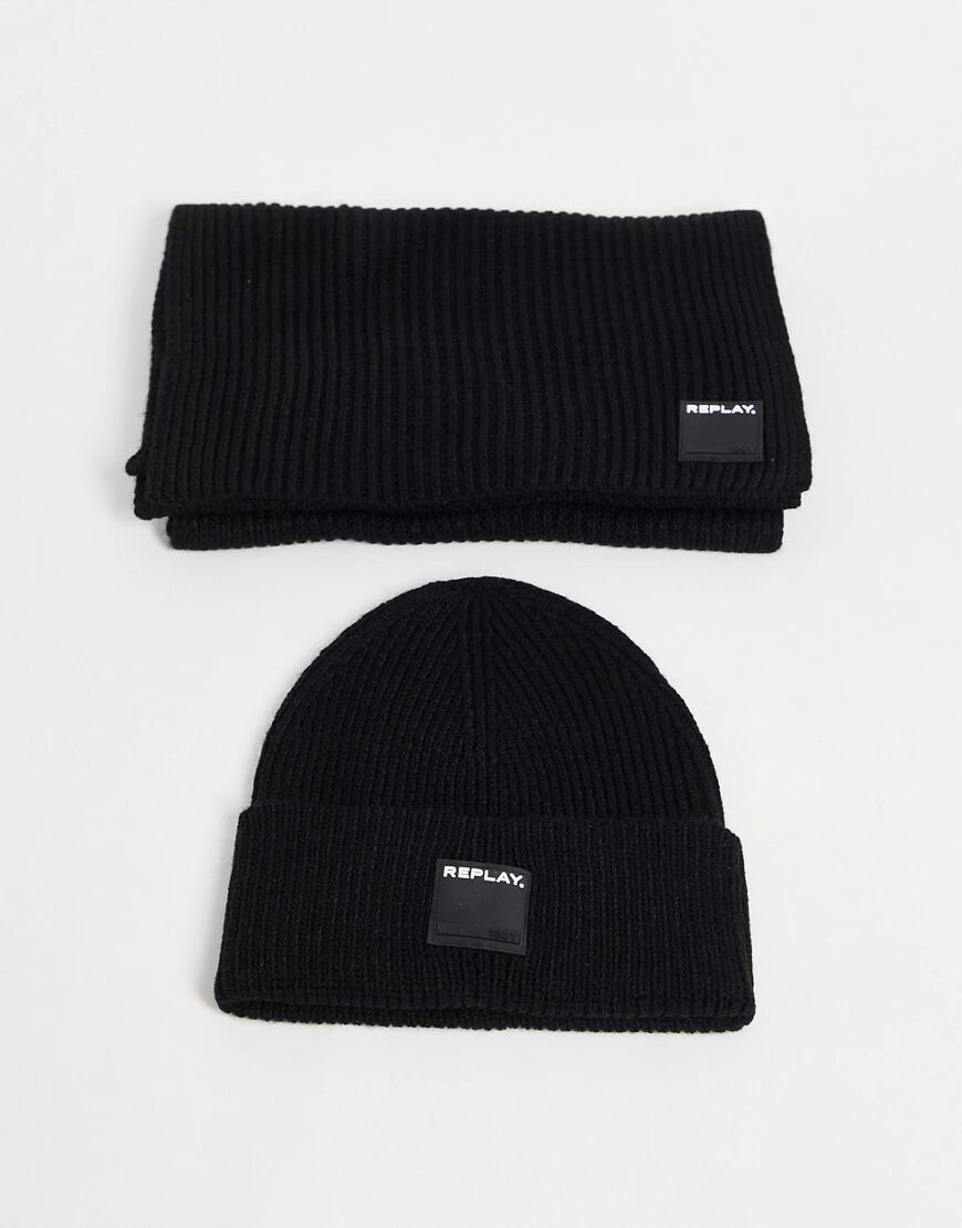 Replay beanie hat & scarf gift set-Black  Black