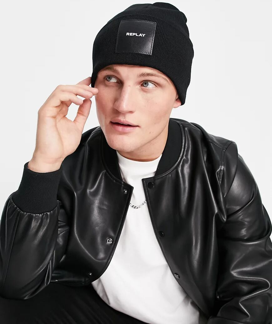 Replay logo beanie hat-Black  Black