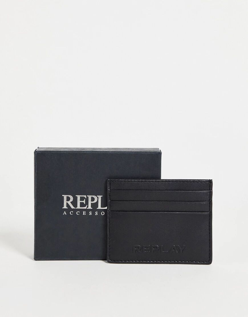 Replay logo leather card holder-Black  Black