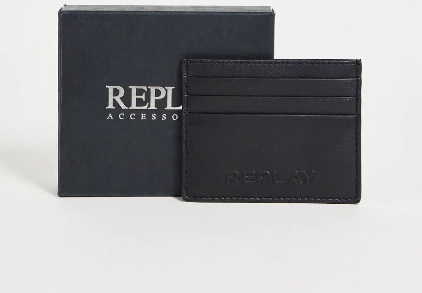 Replay logo leather card holder-Black  Black