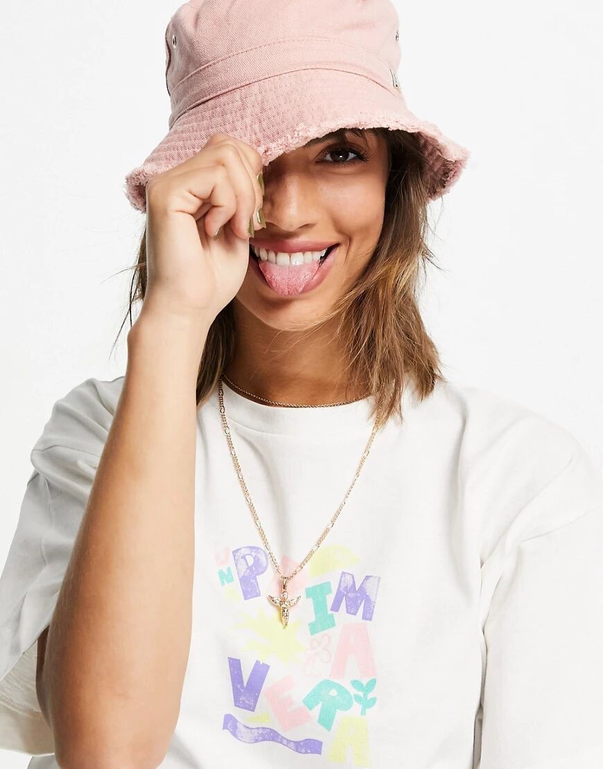 River Island frayed twill bucket hat in pink  Pink