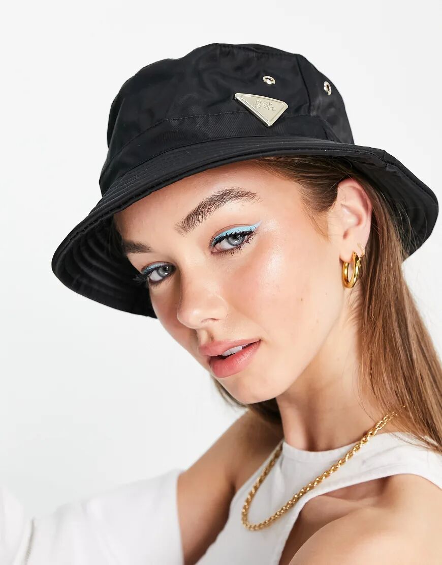 River Island triangle emblem nylon bucket hat in black  Black