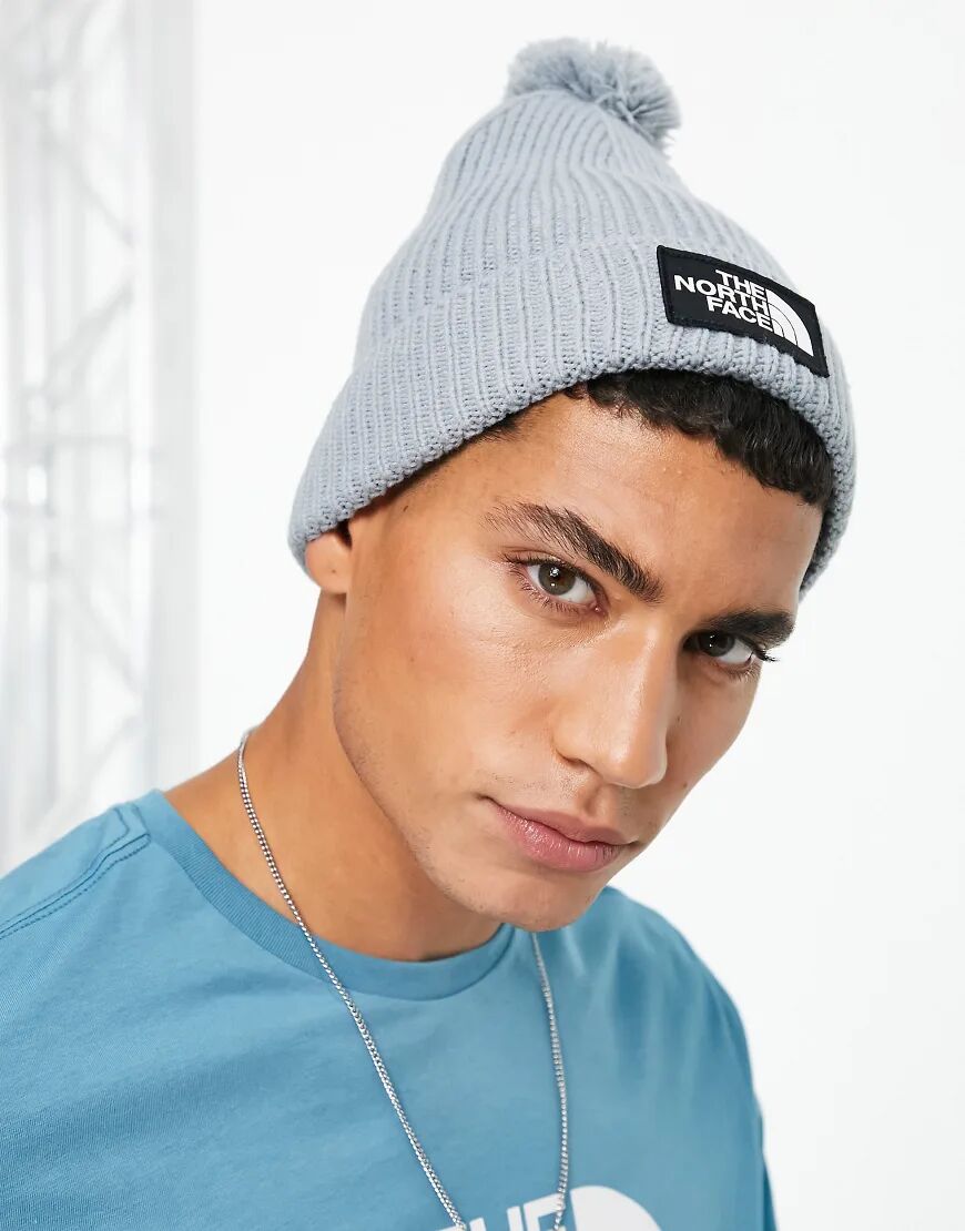 The North Face Logo Box Pom beanie in grey  Grey