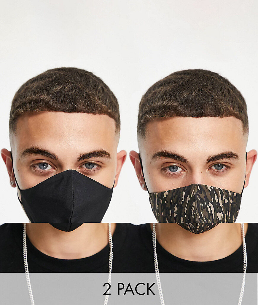 Topman 2 pack camouflage print fashion face mask in black  Black
