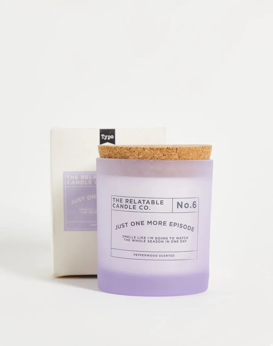 Typo 'one more episode' slogan candle with pepperwood scent in lilac-Purple  Purple