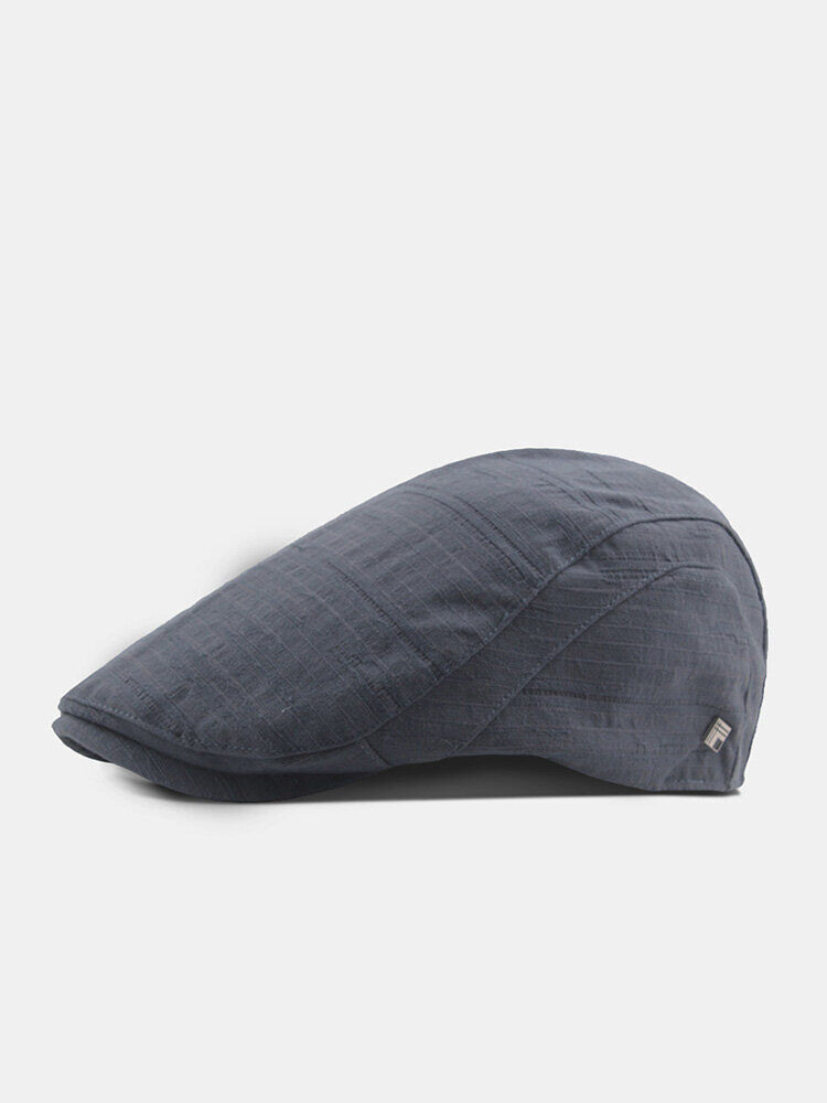 Newchic Men Polyester Cotton Solid Color Pleated Stripes Metal Label Casual Beret Flat Cap