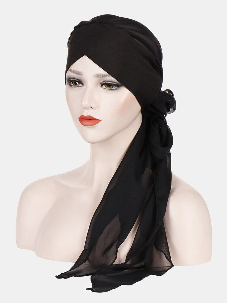 Newchic Women Forehead Cross Beanie Hat Solid Color Fashion Chiffon With Long Tail