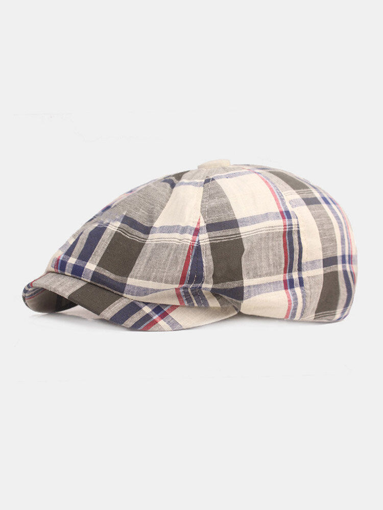 Newchic Men Cotton Colorful Lattice Pattern Casual Retro Sunshade Forward Cap Octagonal Hat Flat Cap
