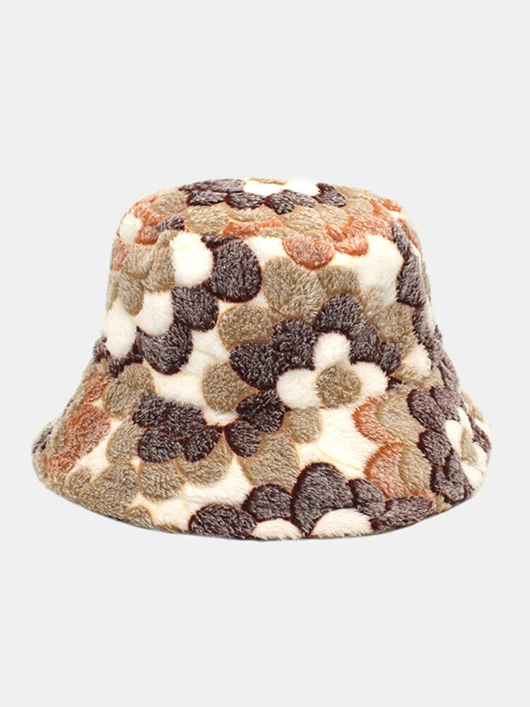 Newchic Women Coral Fleece Overlay Flower Pattern Embossed Fashion Warmth Bucket Hat