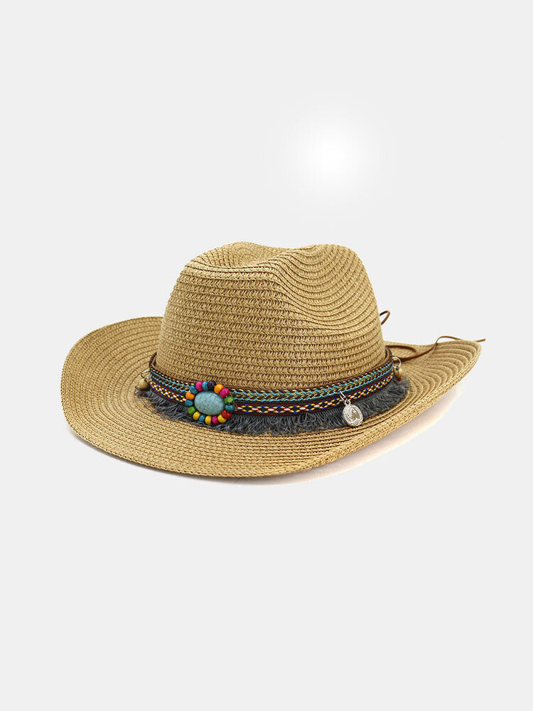 Newchic Men And Women Western Cowboy Ethnic Wind Straw Hat Outdoor Beach Hat