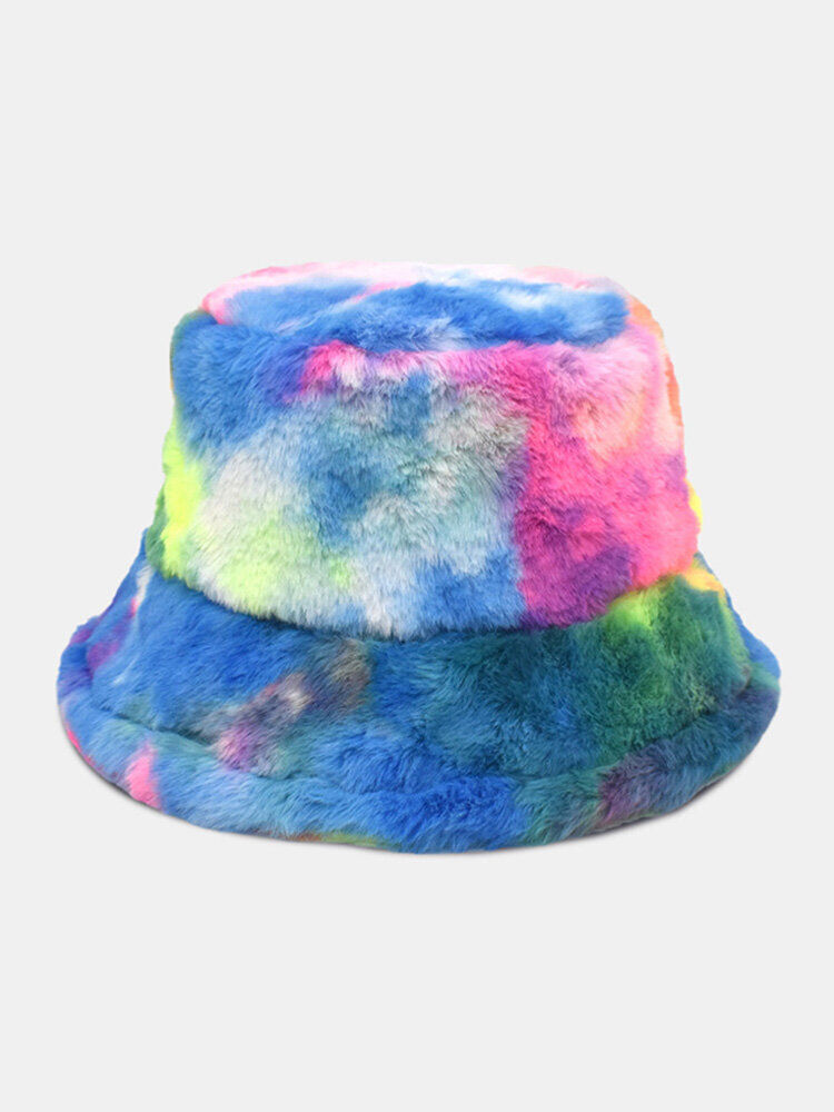 Newchic Unisex Faux Rabbit Fur Colorful Tie-dye Thicken Warmth Fashion Bucket Hat
