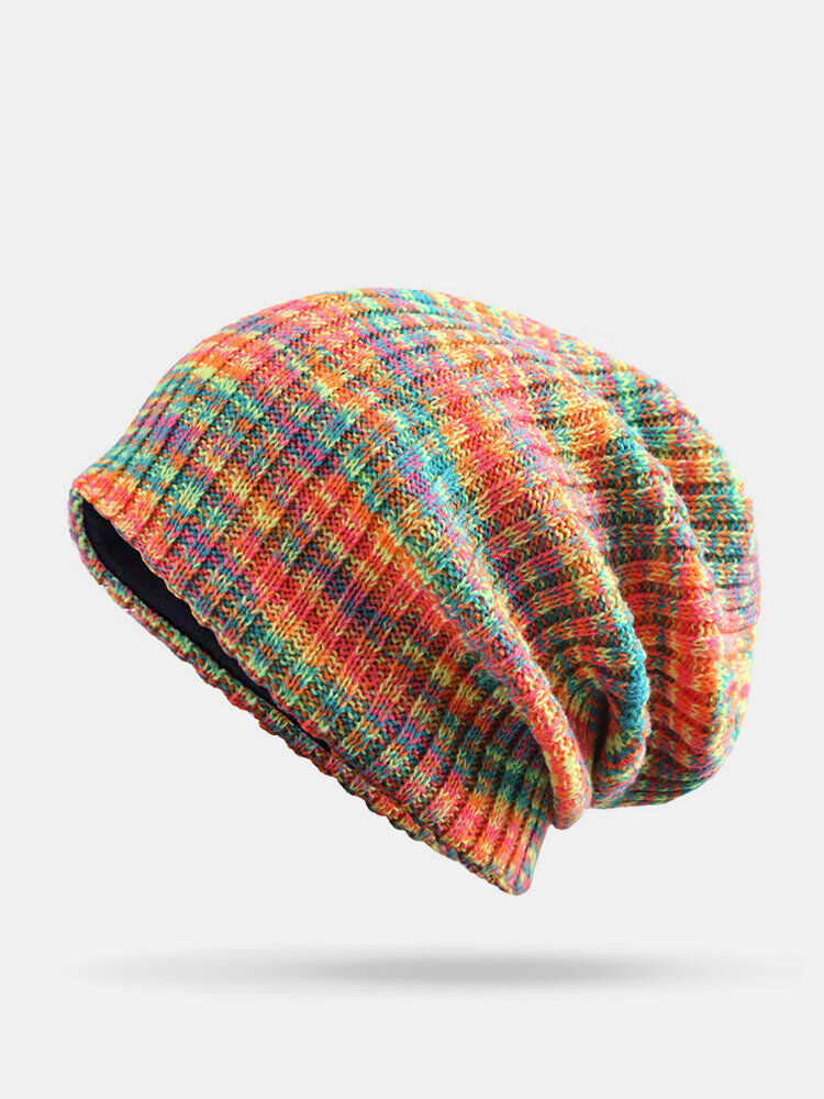 Newchic Women Woolen Mixed Rainbow Color Stripes Pattern Plus Velvet Thick Warm Couple Hat Beanie Knitted Hat
