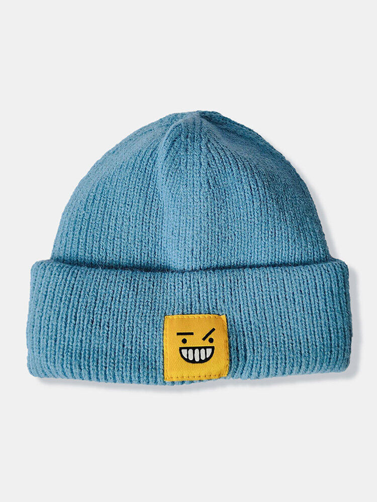 Newchic Unisex Knitted Solid Color Cartoon Funny Smile Face Pattern Patch Fashion Warmth Brimless Beanie Hat