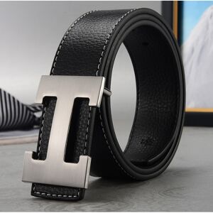 NEWJASS (Black+Silver, 115cm) Men's H-shaped Belt Imitation Leather Belt Work Alloy Buck