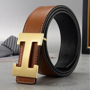 NEWJASS (Brown+Gold, 105cm) Men's H-shaped Belt Imitation Leather Belt Work Alloy Buckle