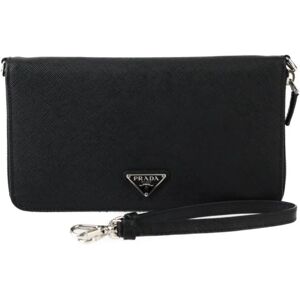 Prada SAFFIANO TRIANG Long Wallet 2ML051 Saffiano Leather Black Wristlet Round Organizer Bi-fold