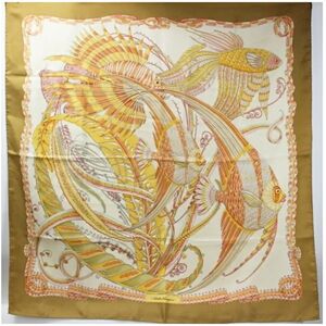 Salvatore Ferragamo Silk Scarf Muffler Fish Pattern Beige  Women's