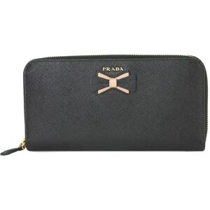 Prada Ribbon Round Long Wallet Saffiano Leather Black Beige 1ML506 Gold Hardware