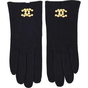 Chanel Black Velvet Rhinestone Gloves #7 Small Good 123417