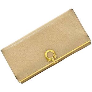 Salvatore Ferragamo Bifold Long Wallet Beige Gold Gancini IK-22 Leather Metal Clip Flap Women's