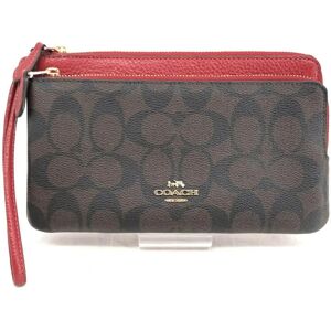 COACH Signature Pouch Wallet Red Brown Leather