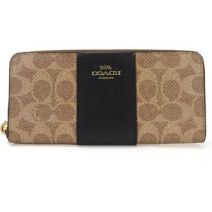 COACH Round Long Wallet Signature PVC 73739 Tan Black Brown Leather Women's