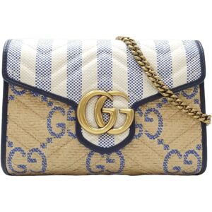 Gucci GG Marmont Chain Shoulder 474575 Wallet Raffia x Leather Light Blue Beige White 083845