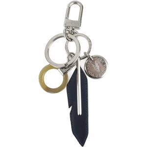 LOUIS VUITTON Dreaming Charms Keychain MP1776 Metal Leather Silver Navy Key Ring