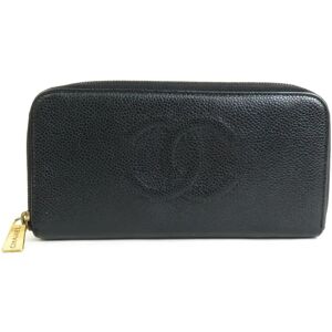 Chanel Round Zipper Long Wallet Coco Mark Caviar Skin Leather Black Gold Women's