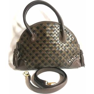 Bottega Veneta Vintage brown, khaki, and black leather intrecciato bolide style handbag with tassel charms